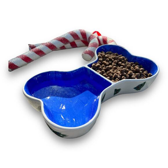Dog Dish Shaped like a Bone with Christmas Trees & Blue Enterior - Picture 2 of 8